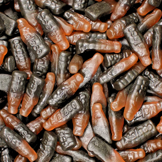 brown and black cola licorice gummy bottles