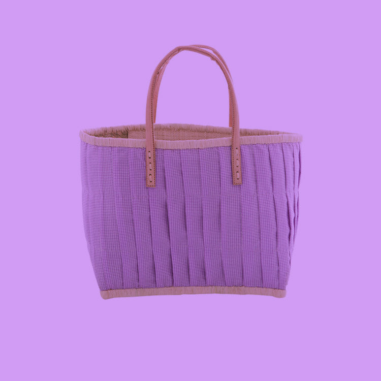 Medium lavender fabric covered raffia bag